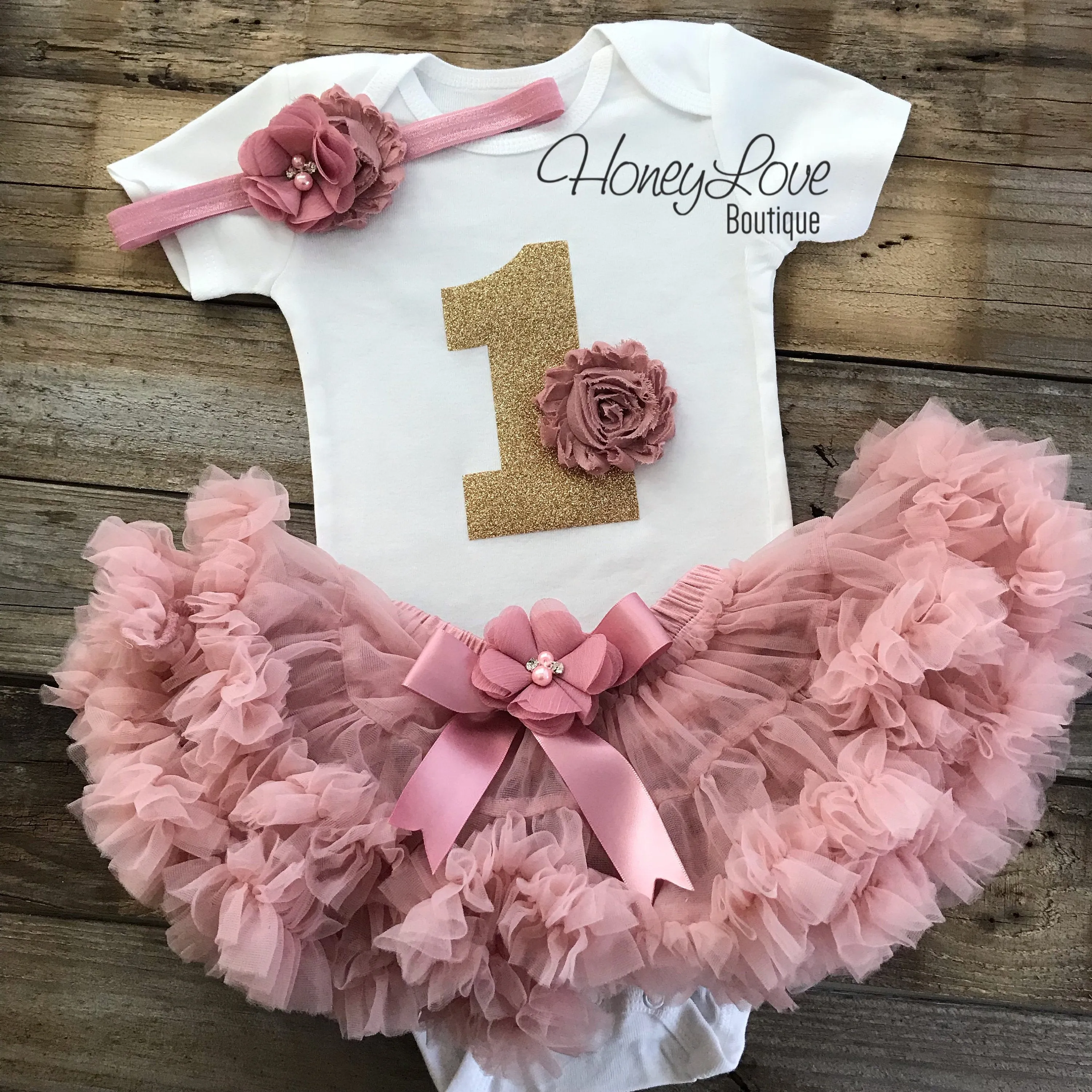1st Birthday Outfit - Vintage Pink and Gold glitter