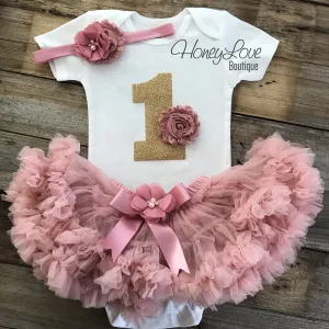 1st Birthday Outfit - Vintage Pink and Gold glitter