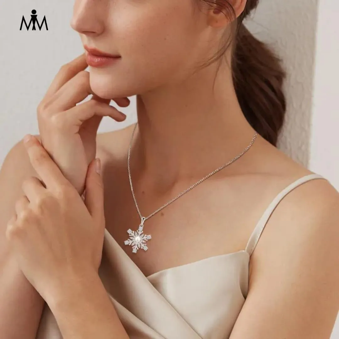 925 Sterling Silver Necklace Rotatable Snowflake Pearl Style