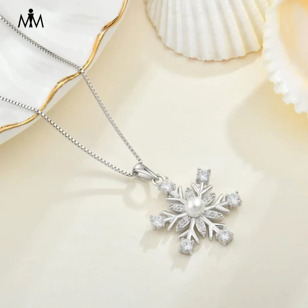 925 Sterling Silver Necklace Rotatable Snowflake Pearl Style