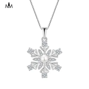 925 Sterling Silver Necklace Rotatable Snowflake Pearl Style