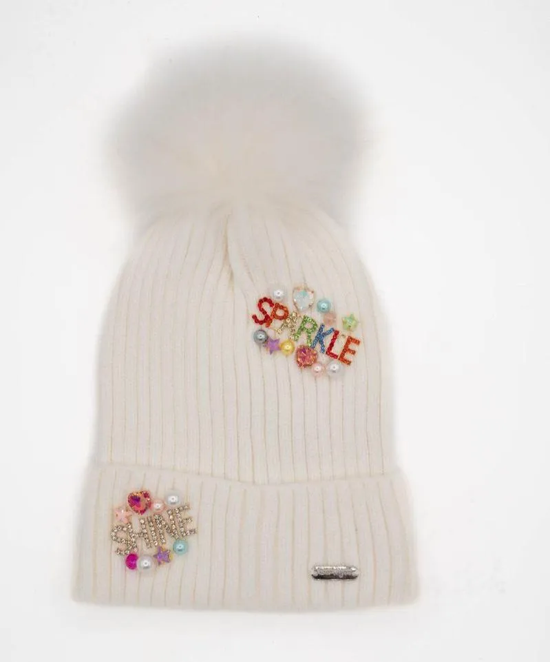 Bari Lynn Crystallized Charm Words Hat with Fur Pom