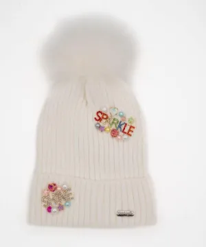 Bari Lynn Crystallized Charm Words Hat with Fur Pom