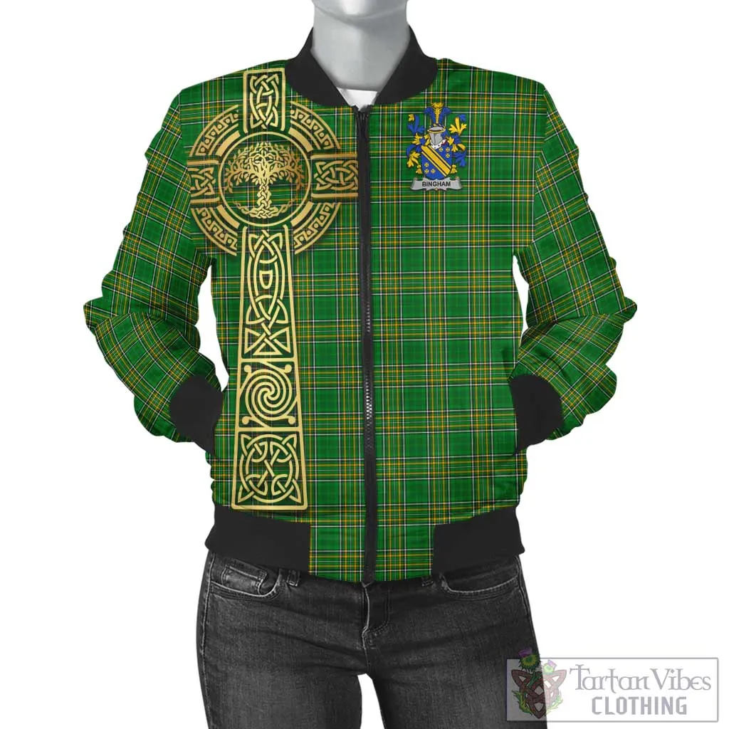 Bingham Irish Clan Tartan Bomber Jacket with Coat of Arms Celtic Tree of Life Style