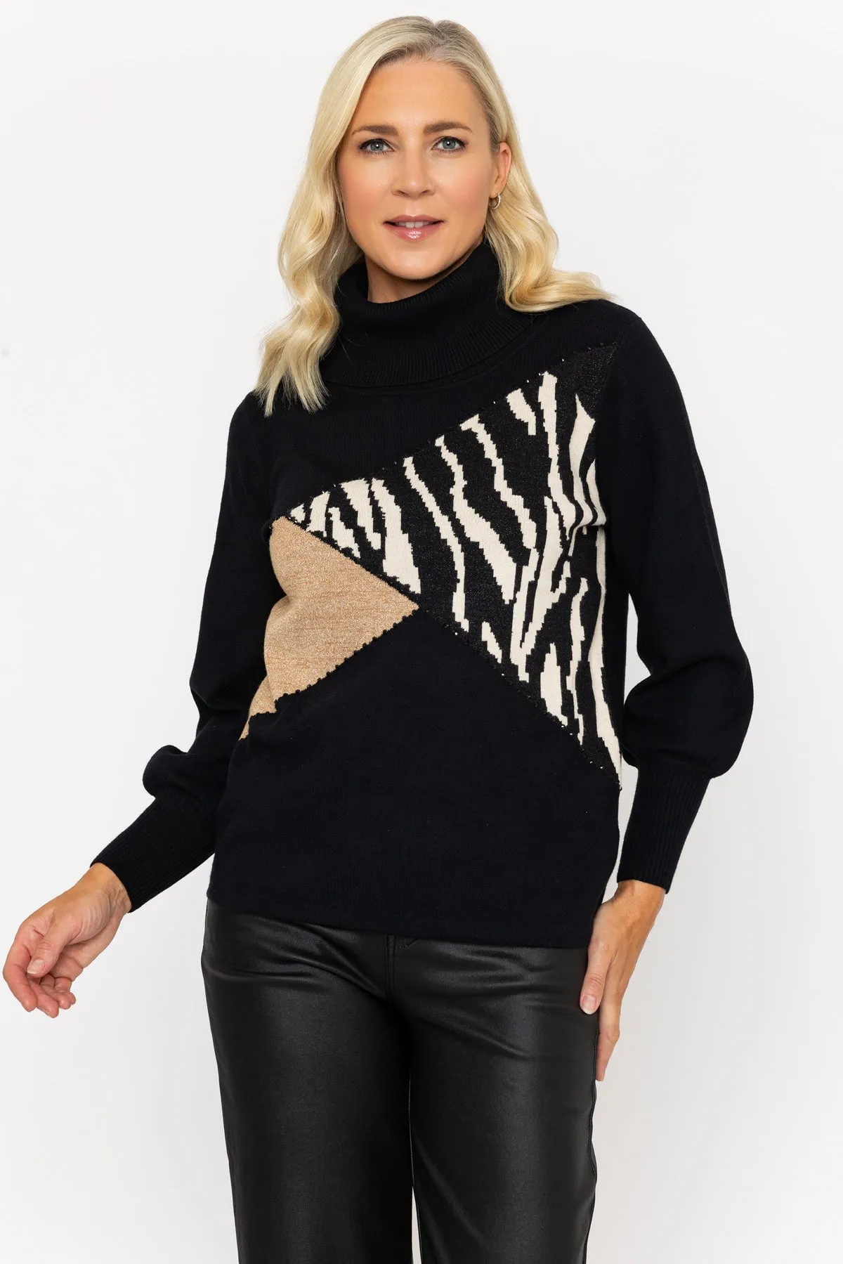 Black Animal Print Colour Block Knit Jumper