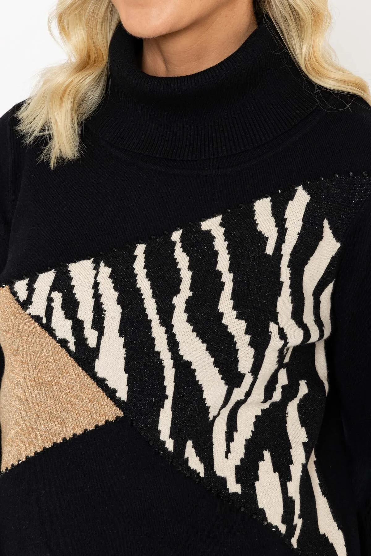 Black Animal Print Colour Block Knit Jumper