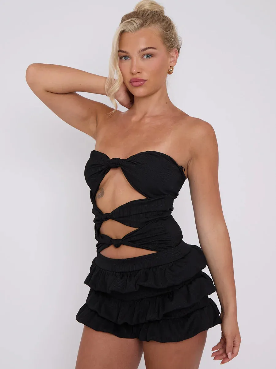 Black Ruffle Skirt Skort & Cut Out Knot Front Bandeau Bodysuit Co-ord