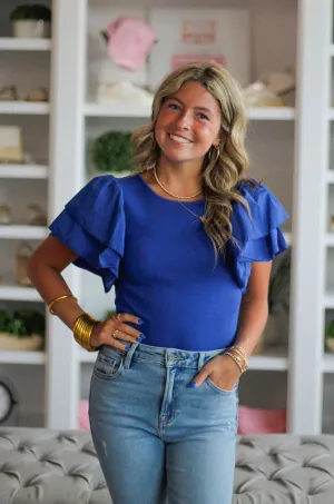 Blue Ruffle Sleeve Bodysuit