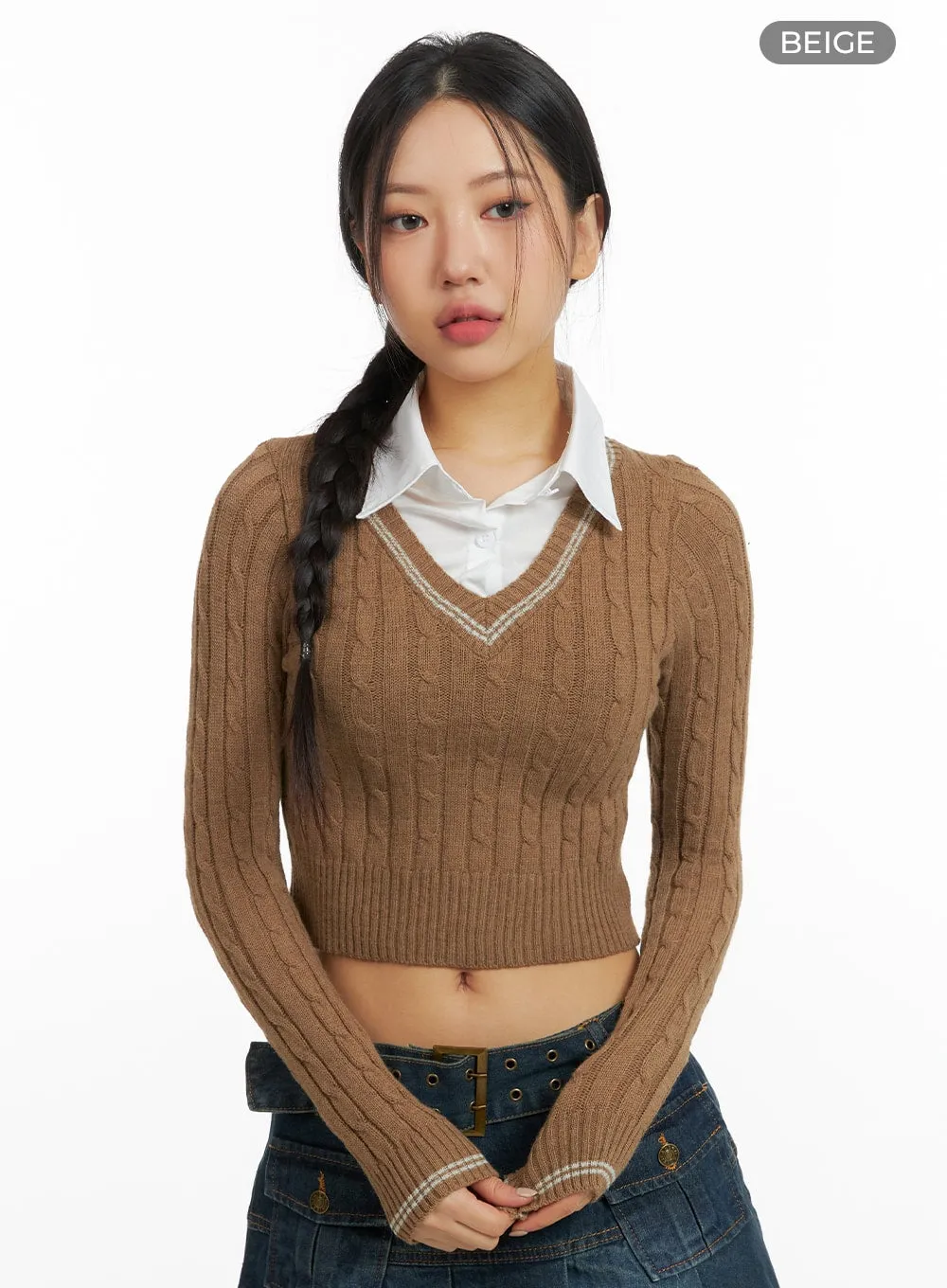 Cable Knit Collar Crop Sweater CF426