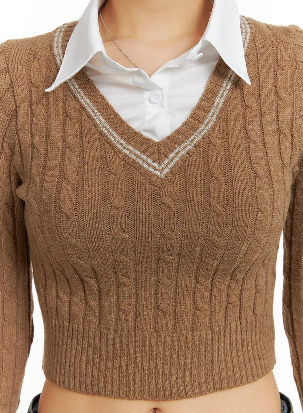 Cable Knit Collar Crop Sweater CF426