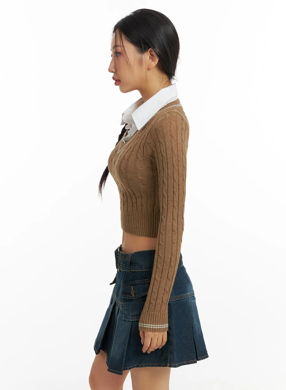 Cable Knit Collar Crop Sweater CF426