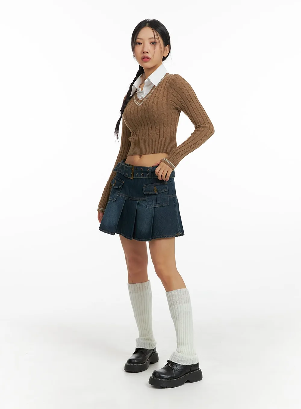 Cable Knit Collar Crop Sweater CF426