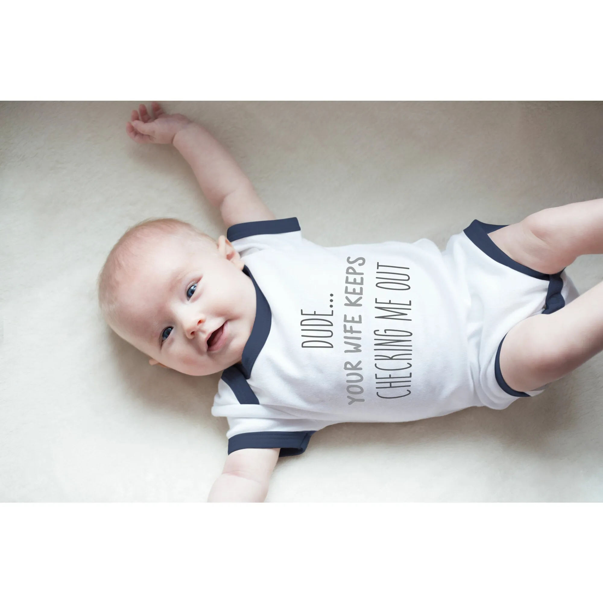 Checking Me Out Navy Trimmed Onesie