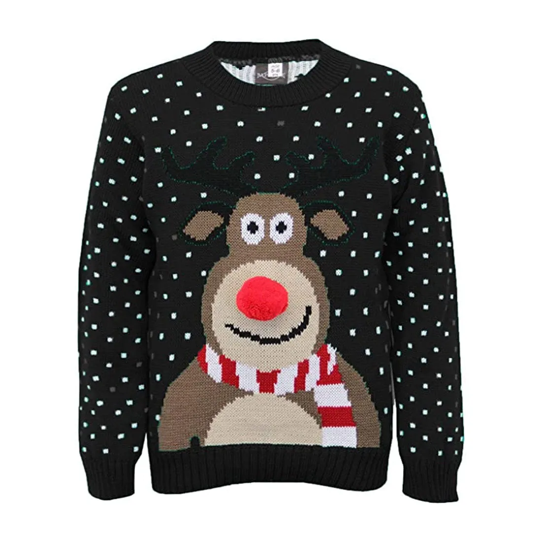 Children Knitted Rudolph Poom Poom Christmas Printed Jumper