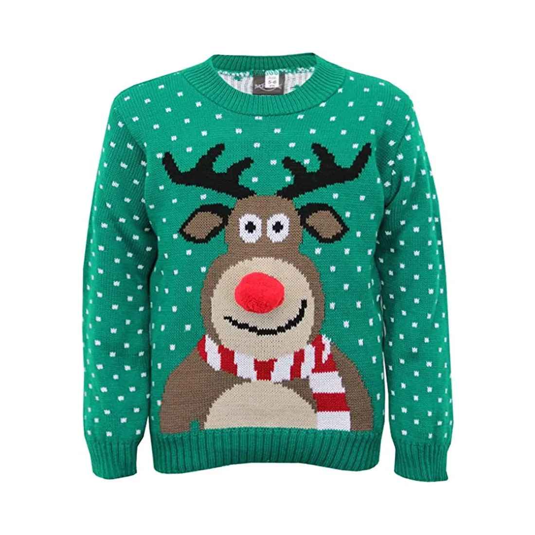 Children Knitted Rudolph Poom Poom Christmas Printed Jumper