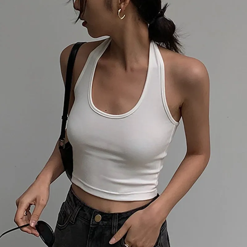 Cotton Sexy Backless Black White Tank Tops Halter Streetwear Vest