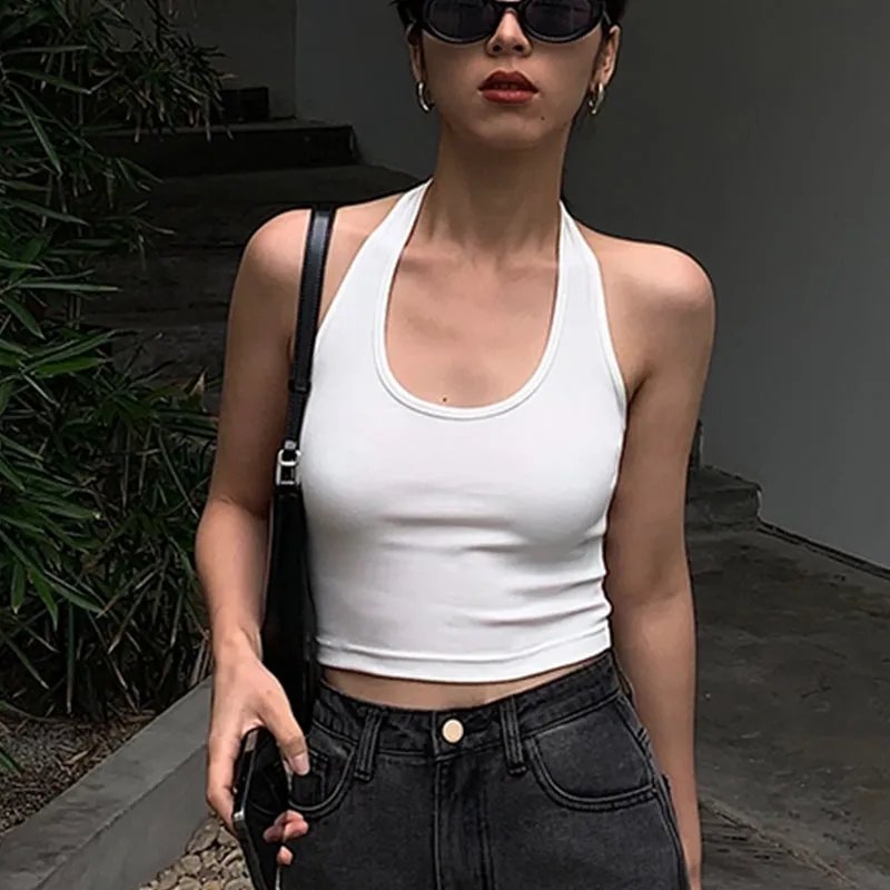 Cotton Sexy Backless Black White Tank Tops Halter Streetwear Vest