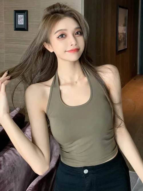 Cotton Sexy Backless Black White Tank Tops Halter Streetwear Vest