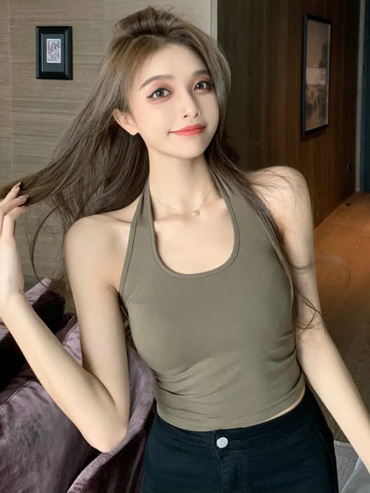 Cotton Sexy Backless Black White Tank Tops Halter Streetwear Vest