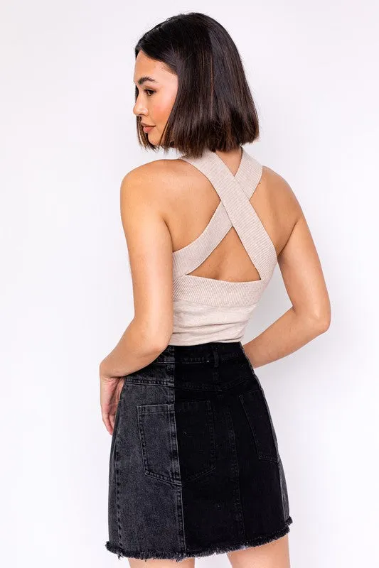 Criss Cross Halter Band Sweater Bodysuit *Online Only*