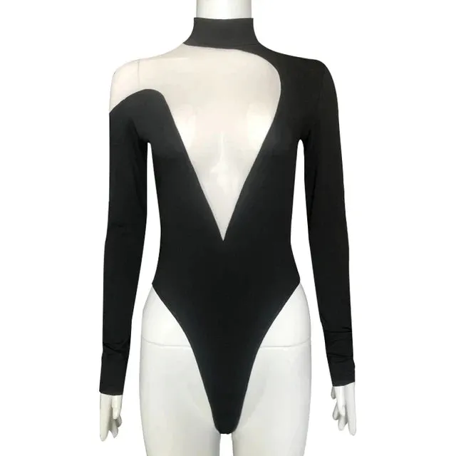 Deep V Shaped Mesh Patchwork Long Sleeved Bodysuit