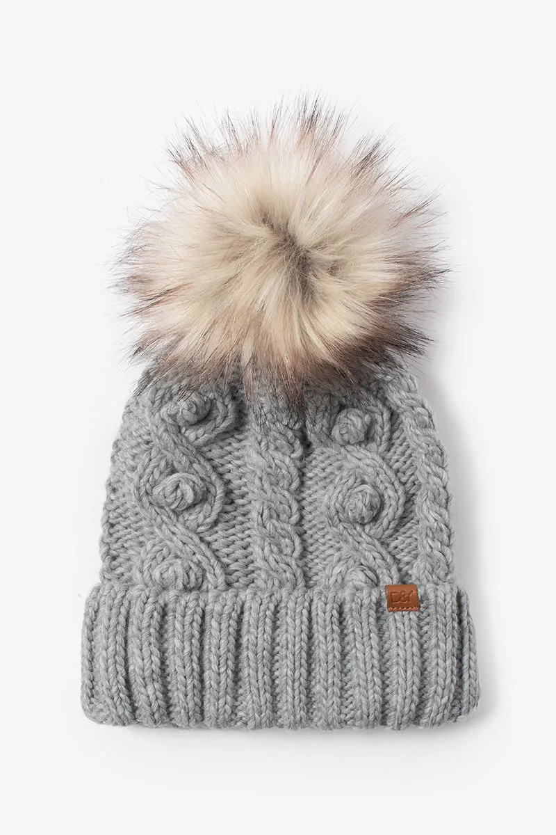 FSBB464 - Popcorn trim knit beanie with faux fur pom