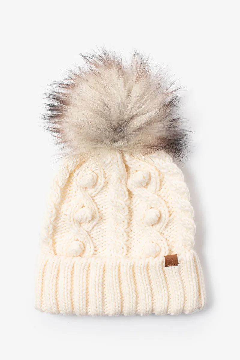 FSBB464 - Popcorn trim knit beanie with faux fur pom