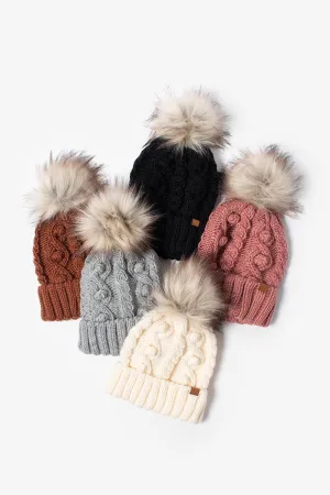 FSBB464 - Popcorn trim knit beanie with faux fur pom