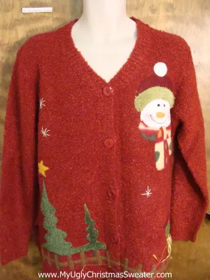 Funny Red Christmas Sweater with Santa and Snowman