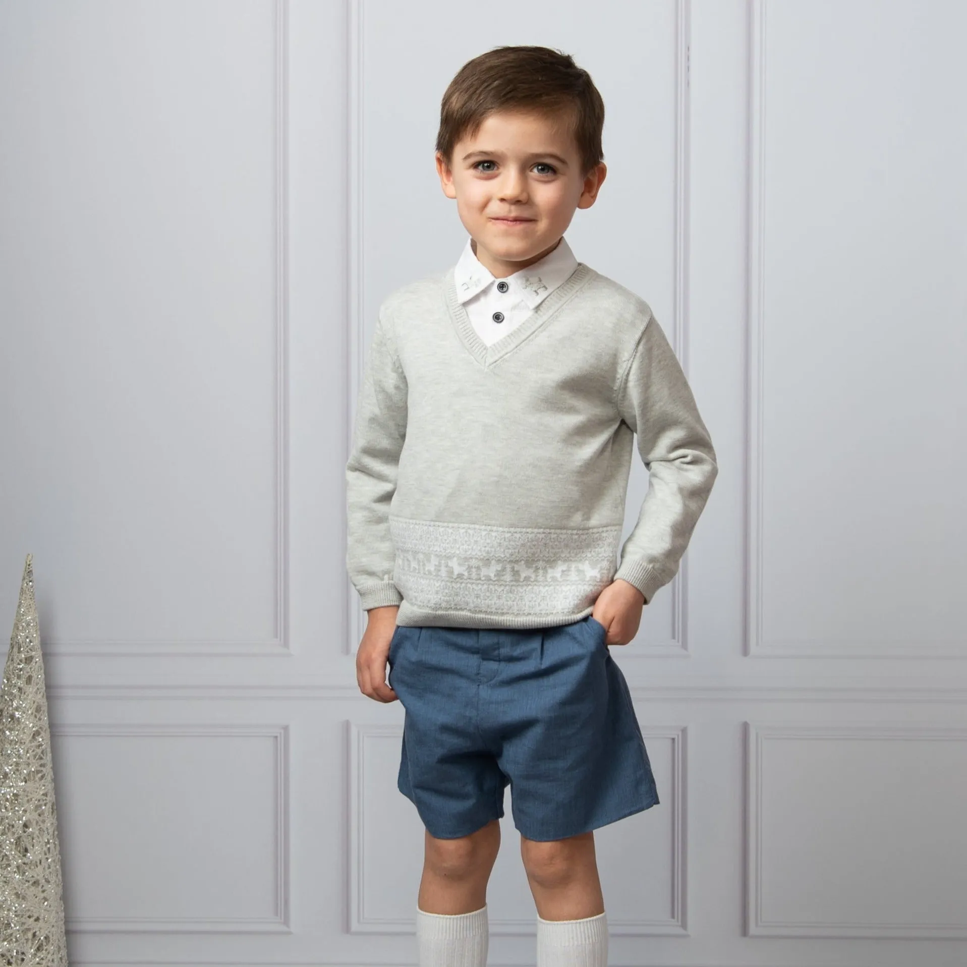 Grey Knitted Scottie Dog Jumper & Shorts Set