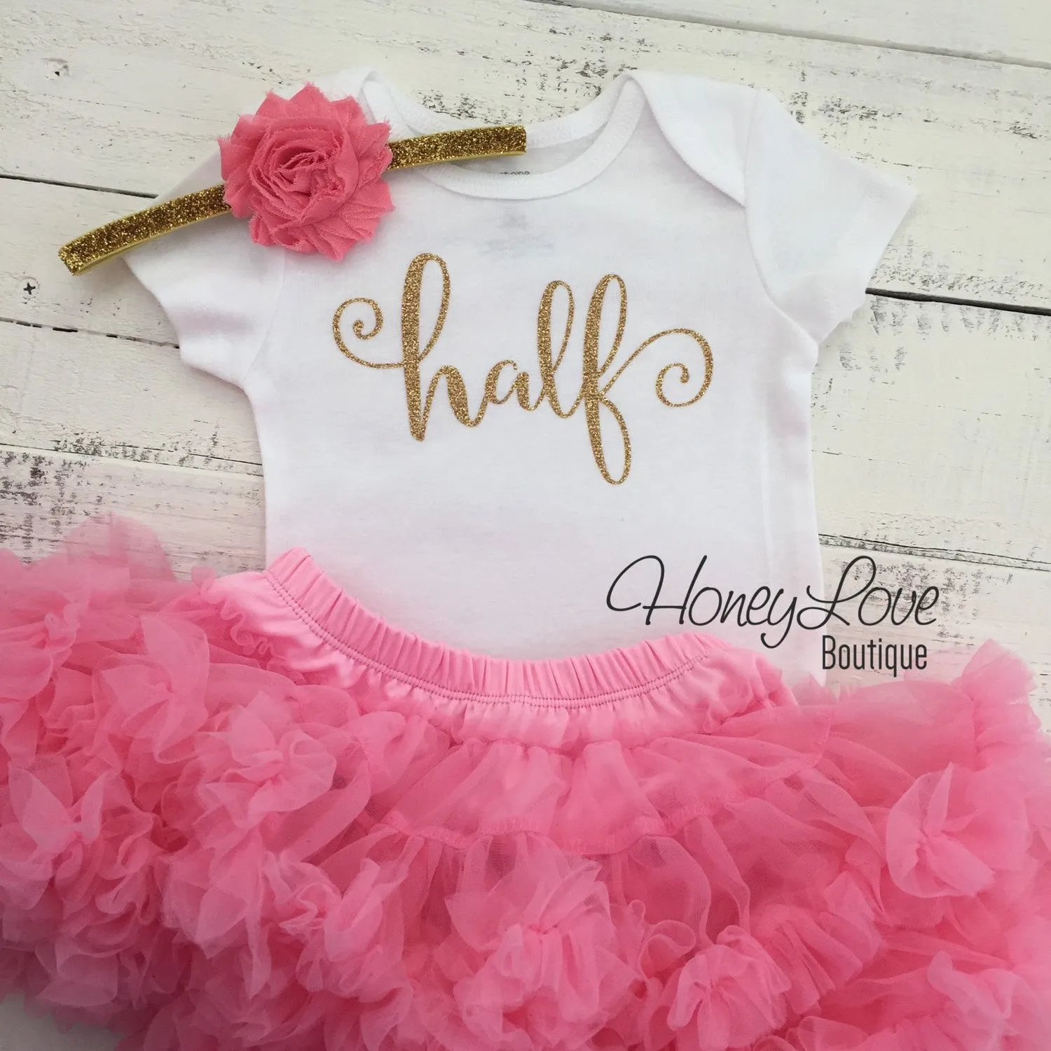 Half Birthday Outfit - Gold Glitter and Coral Pink Pettiskirt