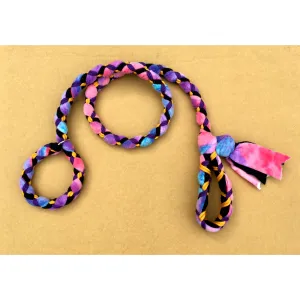 Hand Braided Dog Tug Leash with Slip Collar, Fleece and Paracord for Walking, Agility or Flyball Pastell over Black with Purple and Gold