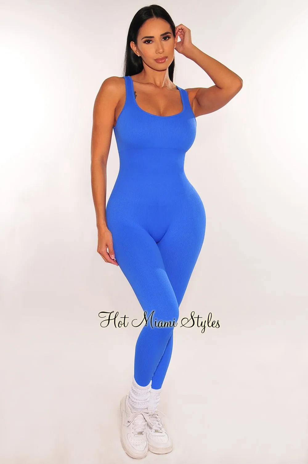 HMS Fit: Royal Blue Seamless Ribbed Tank Padded Snatched Jumpsuit