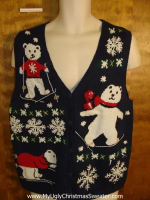 Holiday Sweater Vest with Skiing Bears
