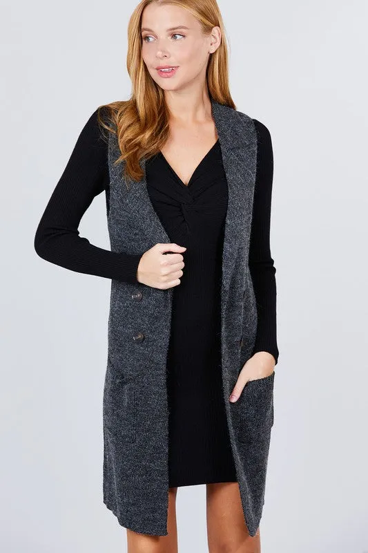 ISOLDE SLEEVELESS NOTCHED COLLAR LONG SWEATER VEST