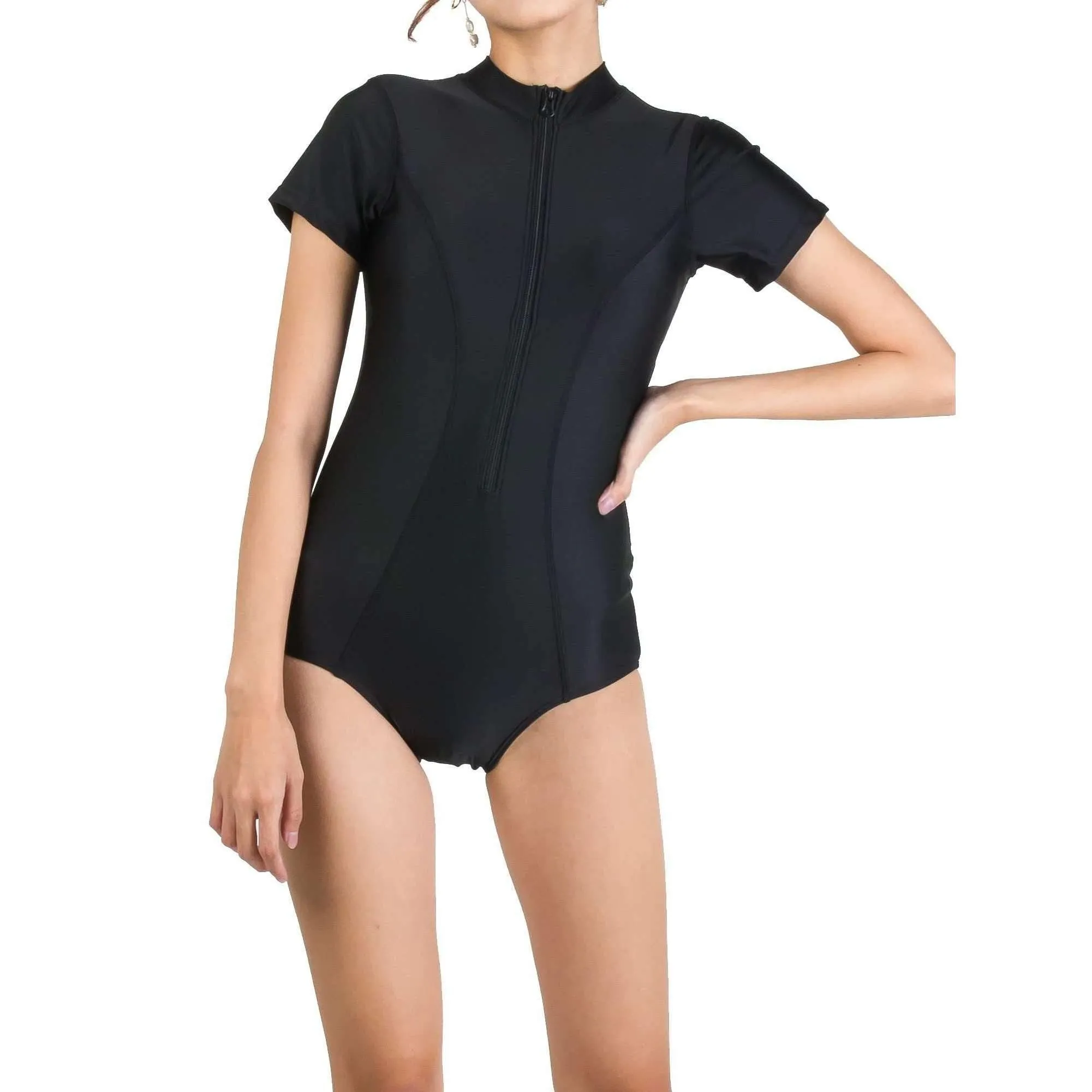 Kim Short Sleeve Bodysuit Rash Guard in Black