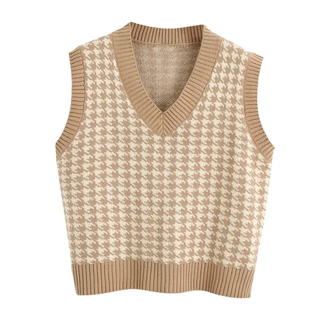 KPYTOMOA Women Oversized Houndstooth Sleeveless Vest Sweater Waistcoat Chic Tops