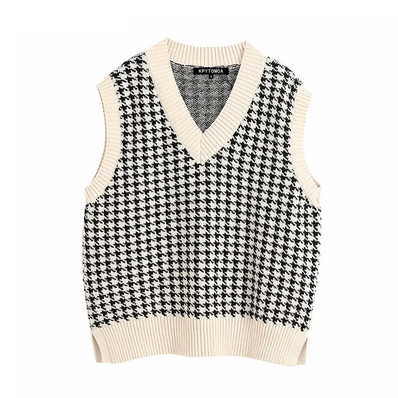 KPYTOMOA Women Oversized Houndstooth Sleeveless Vest Sweater Waistcoat Chic Tops