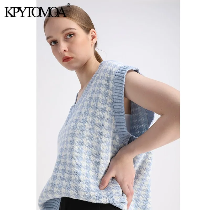 KPYTOMOA Women Oversized Houndstooth Sleeveless Vest Sweater Waistcoat Chic Tops
