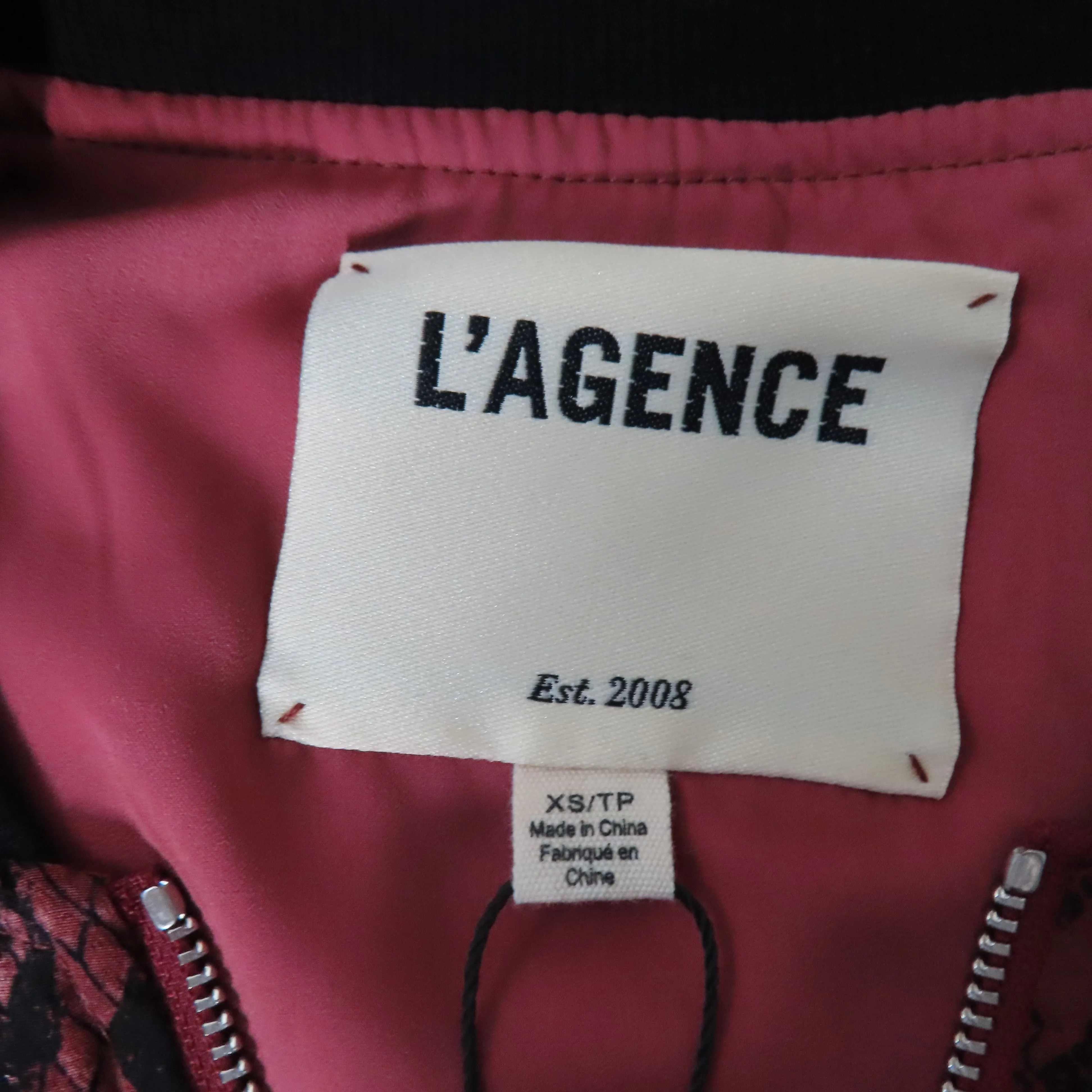 L'agence Python Print Garnet Black Ollie Silk Full Zip Bomber Jacket XS