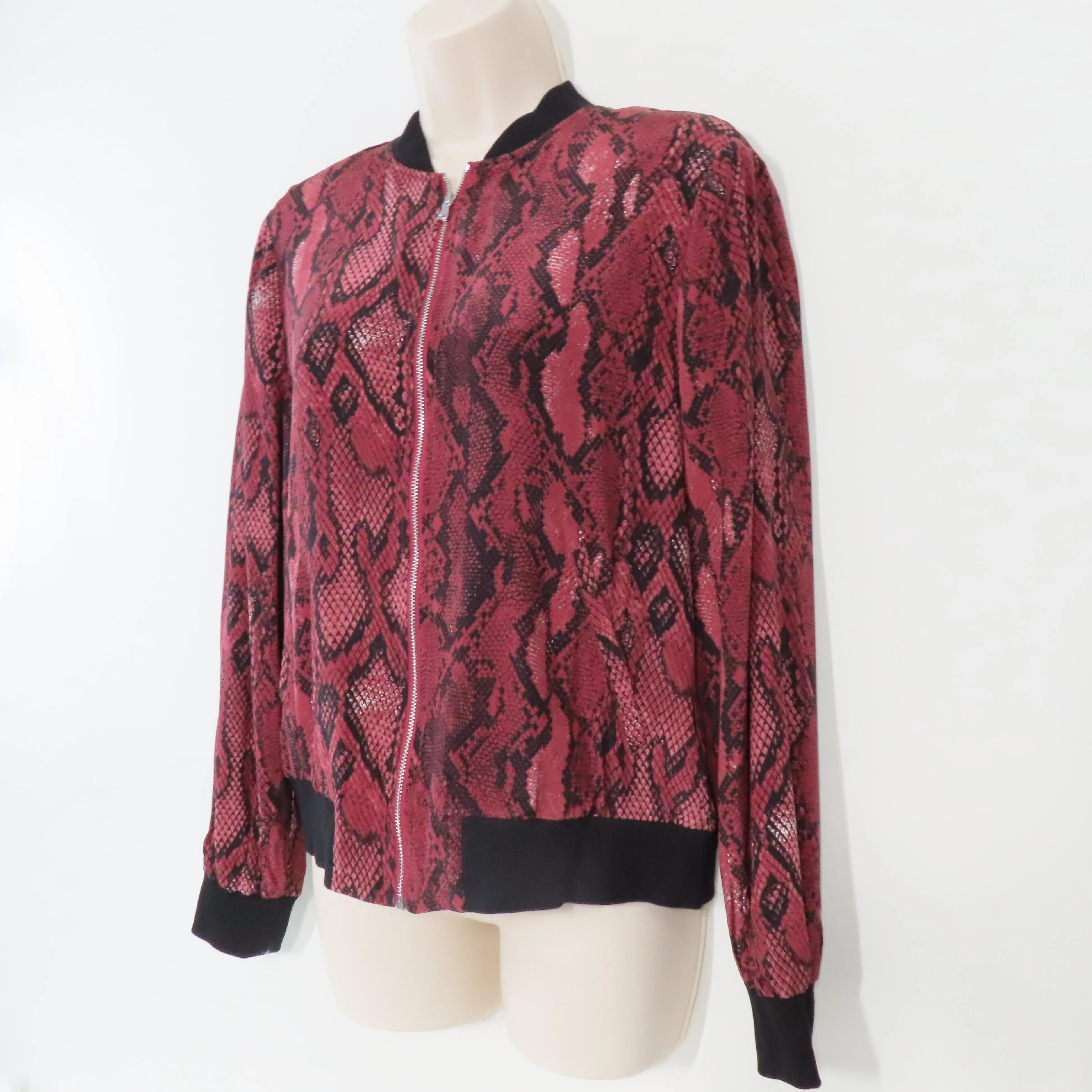 L'agence Python Print Garnet Black Ollie Silk Full Zip Bomber Jacket XS