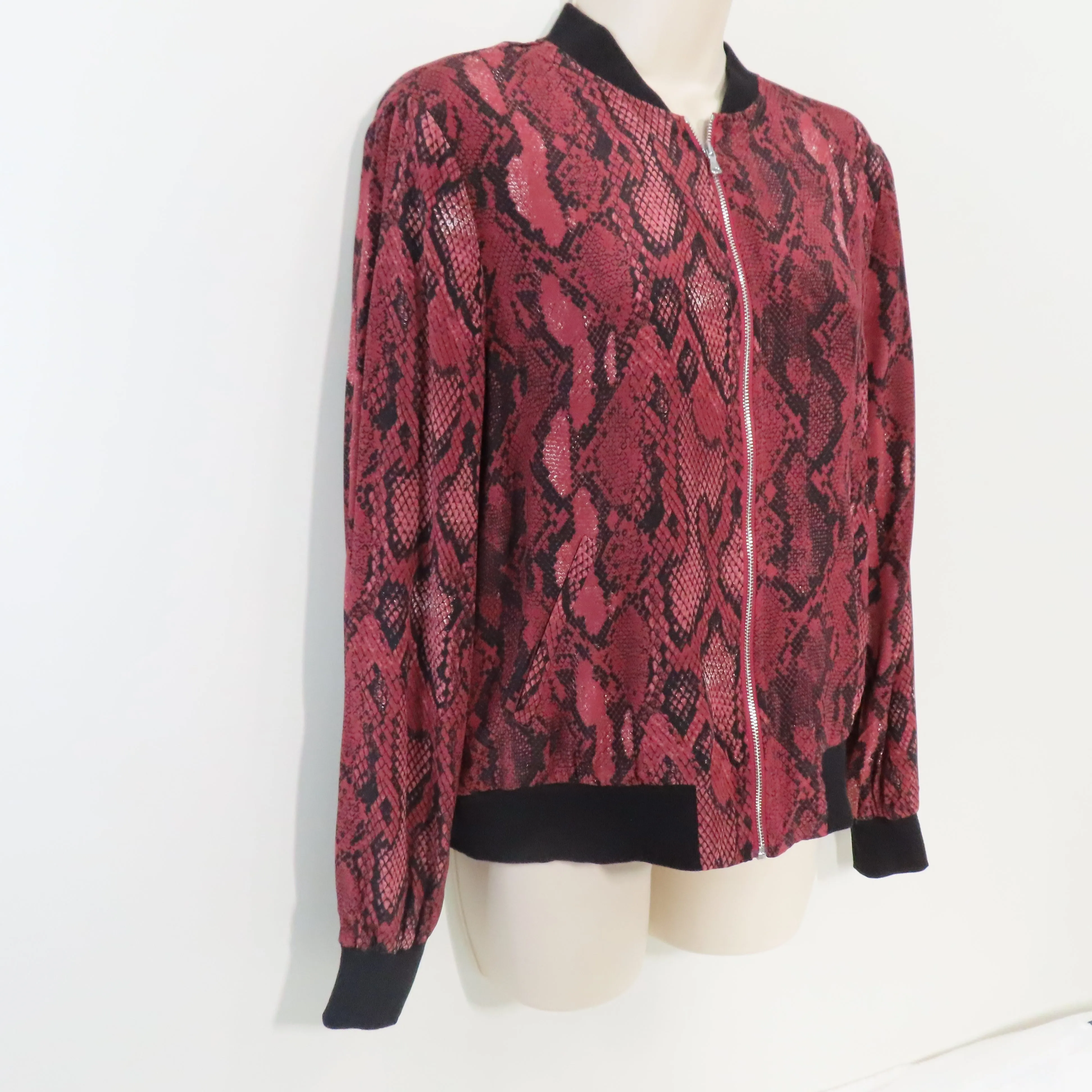 L'agence Python Print Garnet Black Ollie Silk Full Zip Bomber Jacket XS