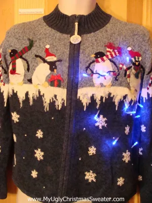 Light Up Christmas Sweater Penguins Ice and Snow