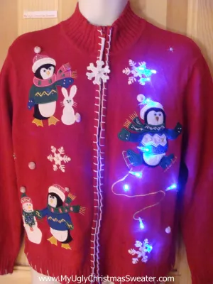 Light Up Ugly Xmas Sweater Penguins and Snowmen