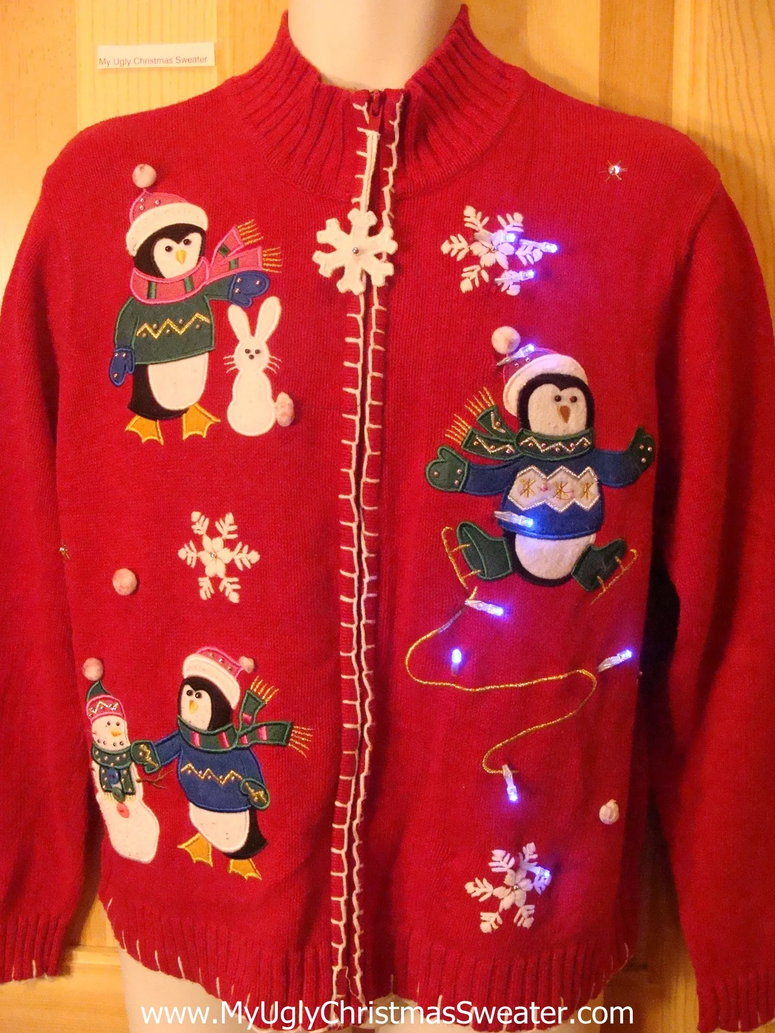 Light Up Ugly Xmas Sweater Penguins and Snowmen