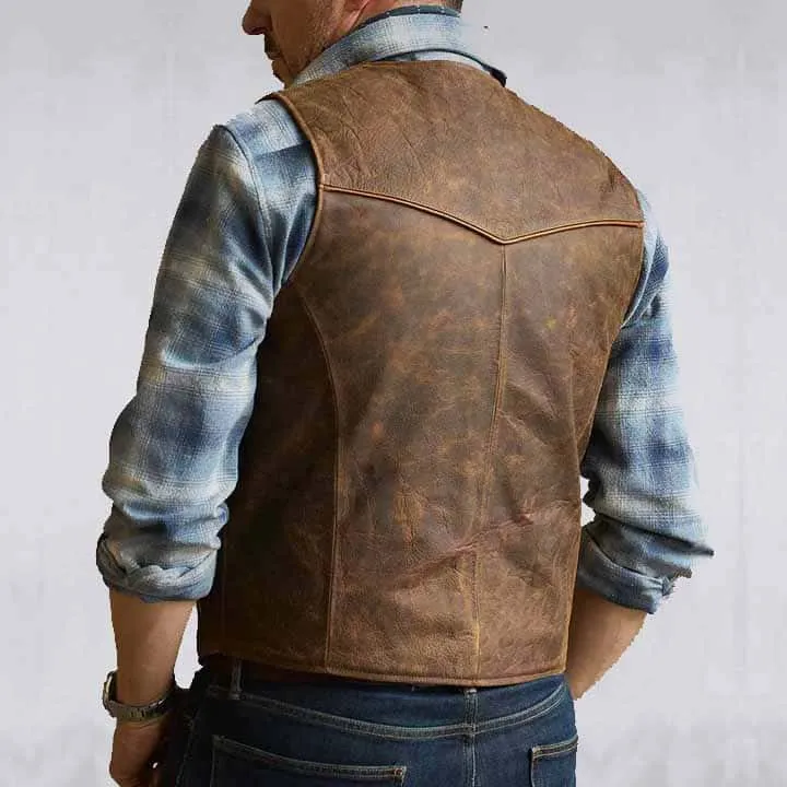 Mens Brown Western Cowboy Biker Leather Vest