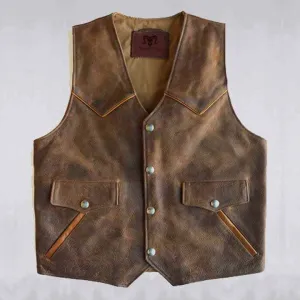 Mens Brown Western Cowboy Biker Leather Vest