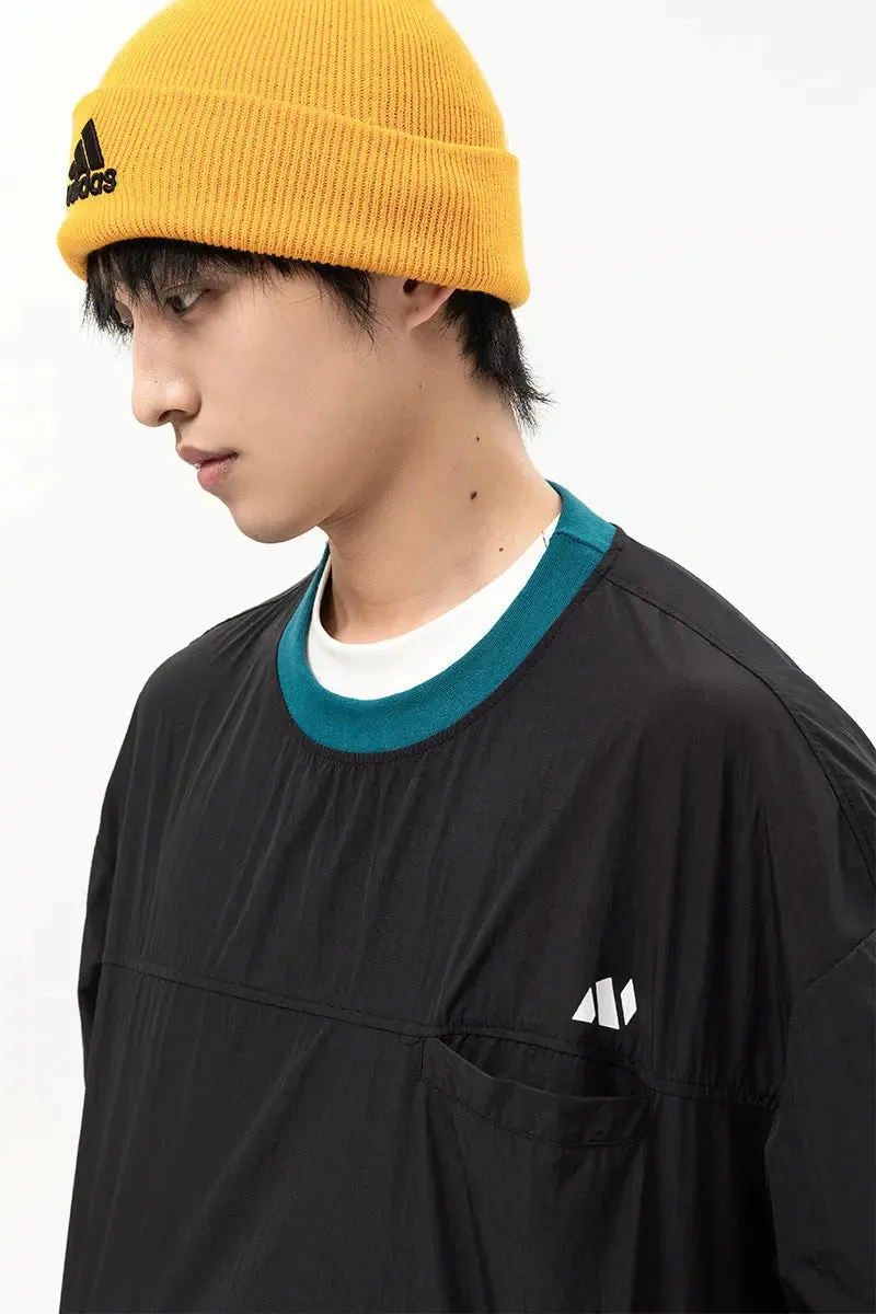 Men's Loose Retro Stitching Contrast Color Printed Crew Neck Sweatshirt