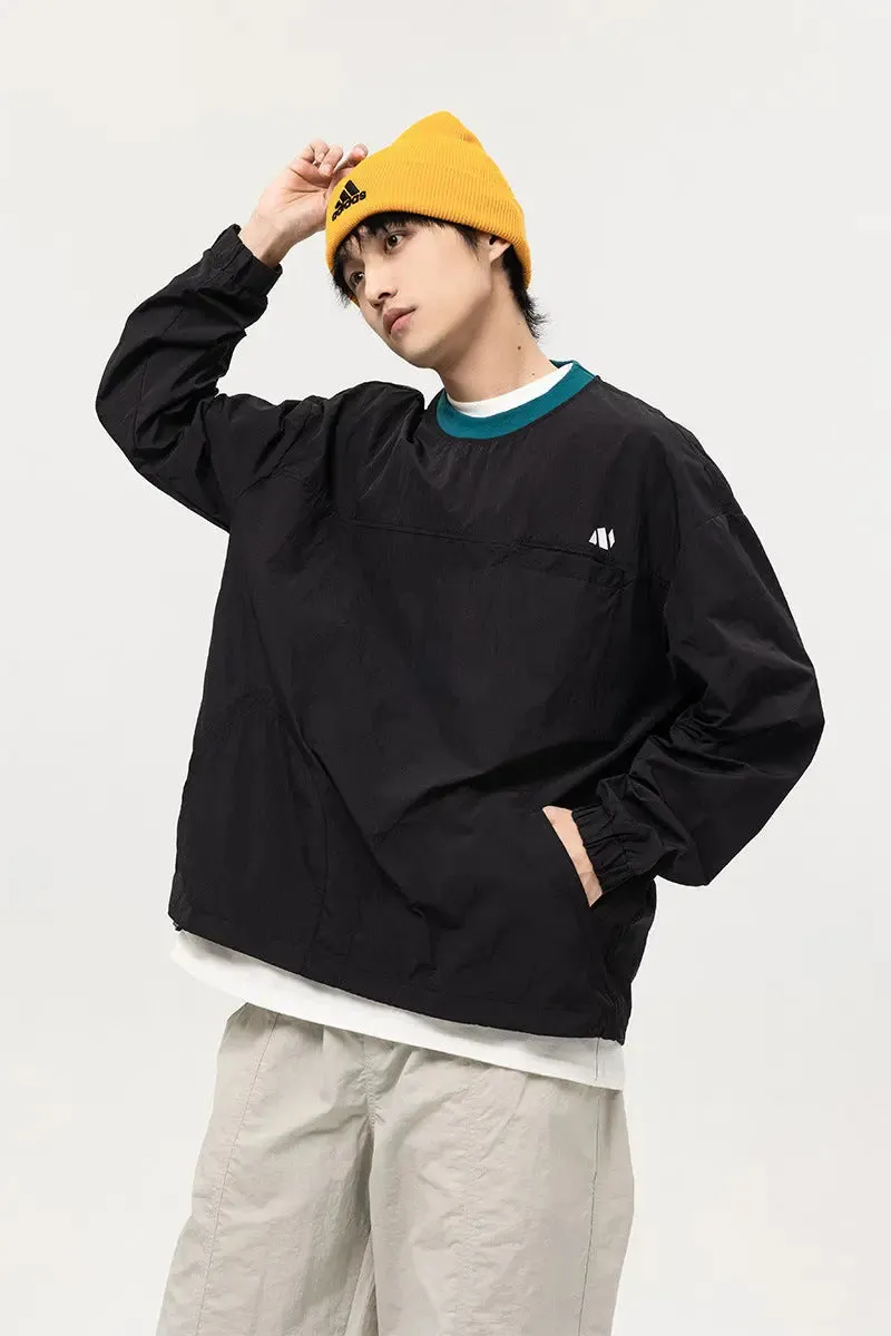 Men's Loose Retro Stitching Contrast Color Printed Crew Neck Sweatshirt