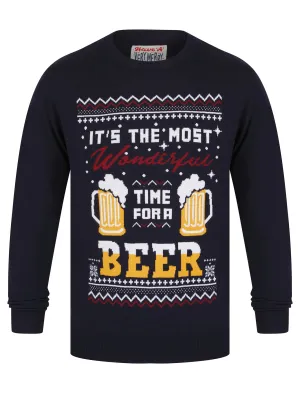Men's Time For A Beer Novelty Knitted Christmas Jumper in Ink - Merry Christmas